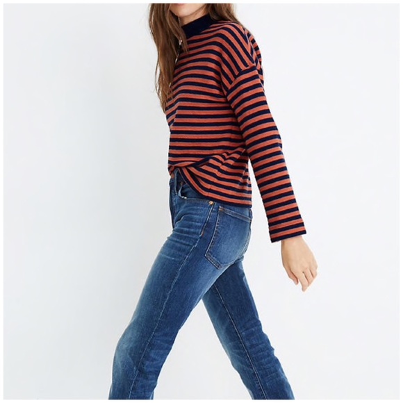 Madewell Striped Mockneck Boxy Top XXS navy blue orange shirt cotton - Picture 8 of 8